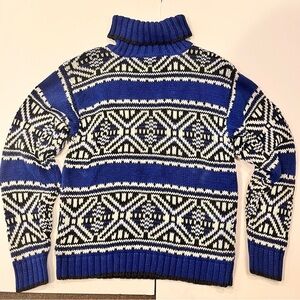 Vintage Women’s Sweater Turtleneck M Petite Ski Fair-isle Blue Black white 90’s